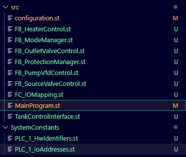 AX Code source tree showing configuration, six control function blocks, I/O mapping, MainProgram, TankControlInterface, and generated system constants.