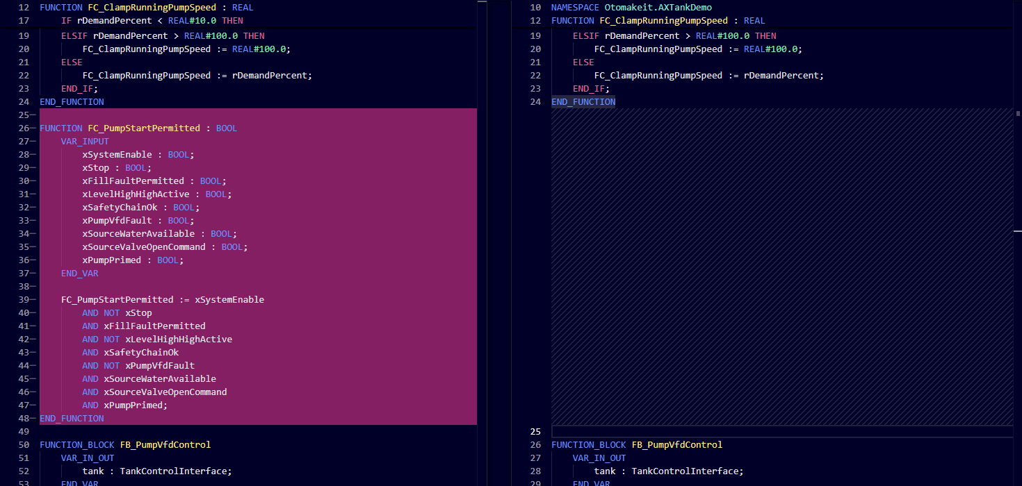 Source Control diff showing removal of the old ST Function