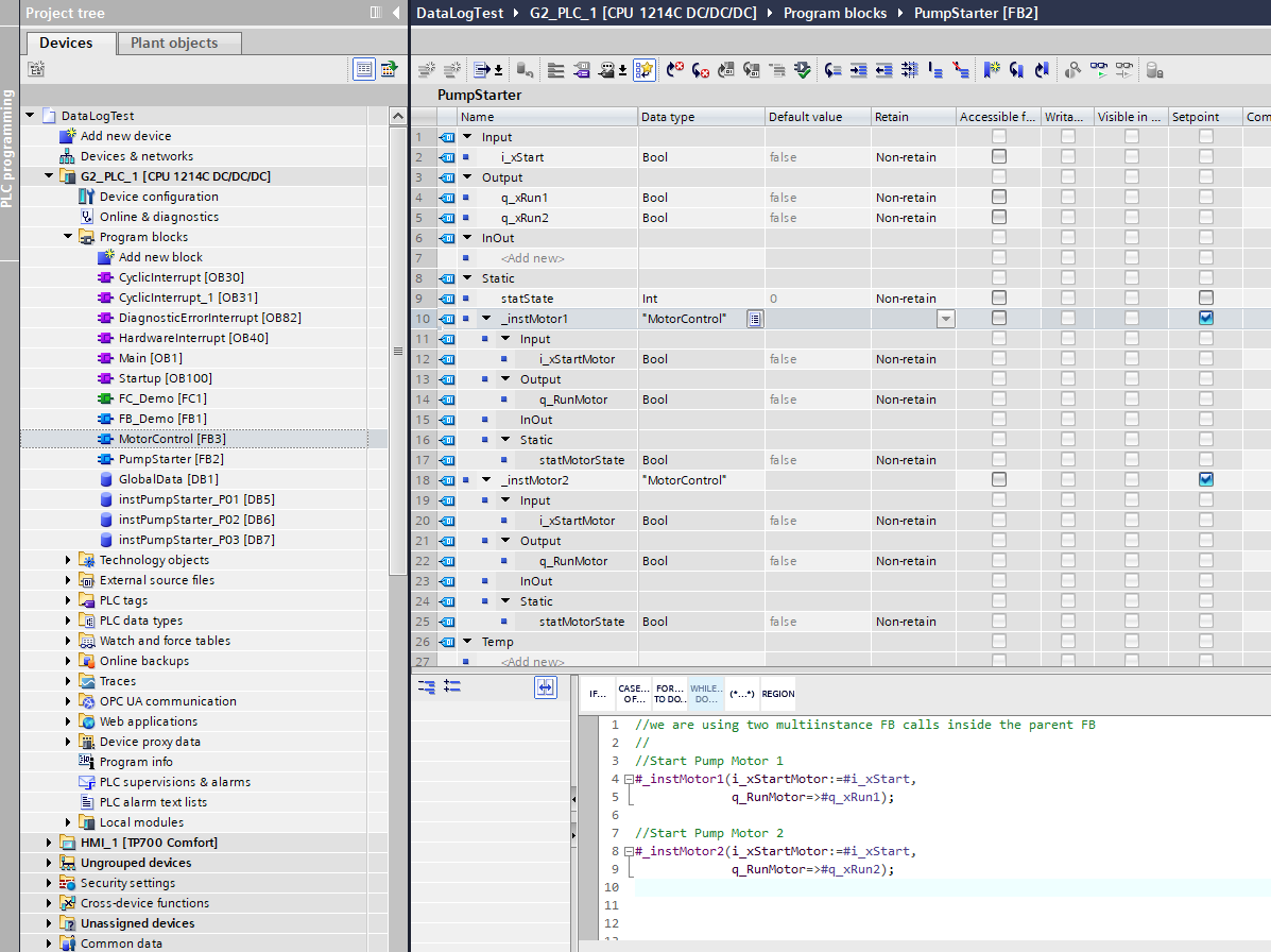 Parent FB&rsquo;s Static section showing two motor multi-instances and the SCL call site